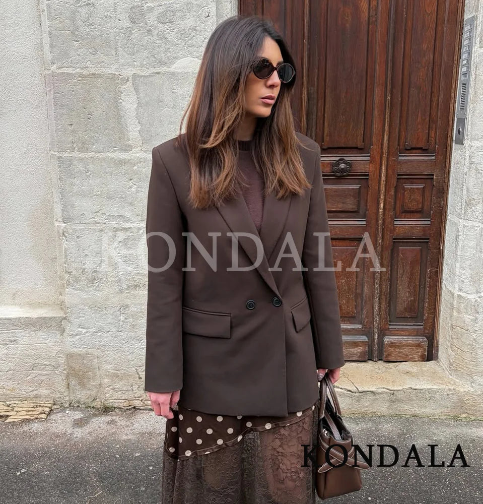 KONDALA Elegant Commute Double-Breasted Blazer Women Vintage Brown Buttons Blazer 2026 Spring Summer Trendy Office Lady Blazer
