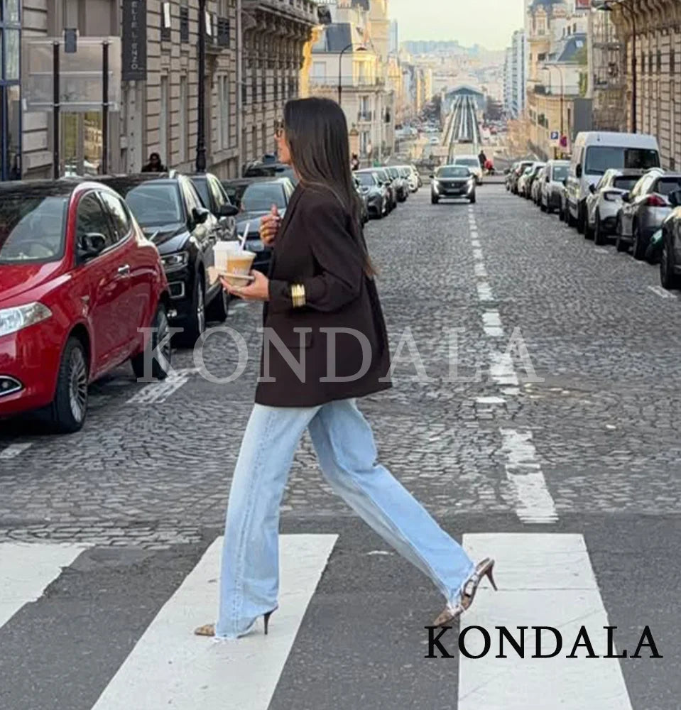 KONDALA Elegant Commute Double-Breasted Blazer Women Vintage Brown Buttons Blazer 2026 Spring Summer Trendy Office Lady Blazer