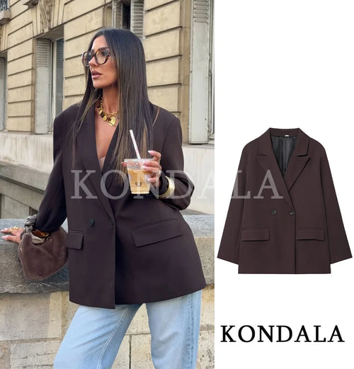 KONDALA Elegant Commute Double-Breasted Blazer Women Vintage Brown Buttons Blazer 2026 Spring Summer Trendy Office Lady Blazer