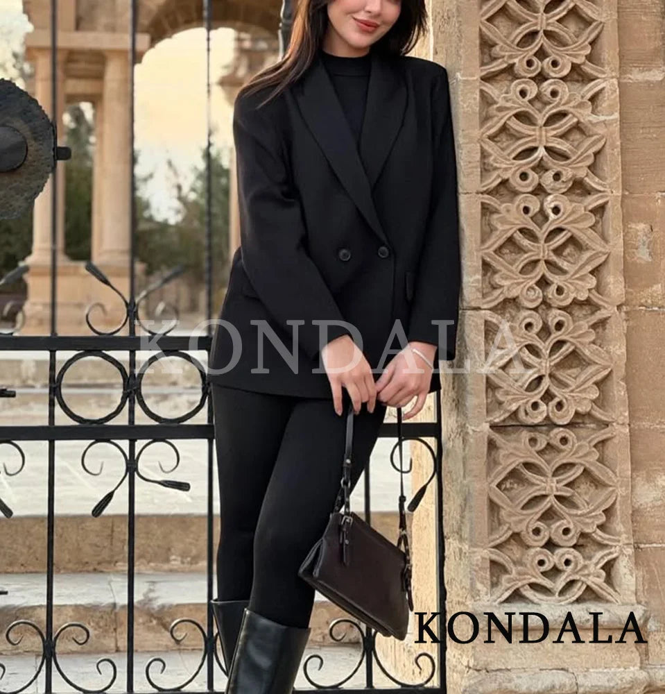 KONDALA Elegant Commute Double-Breasted Blazer Women Vintage Brown Buttons Blazer 2026 Spring Summer Trendy Office Lady Blazer