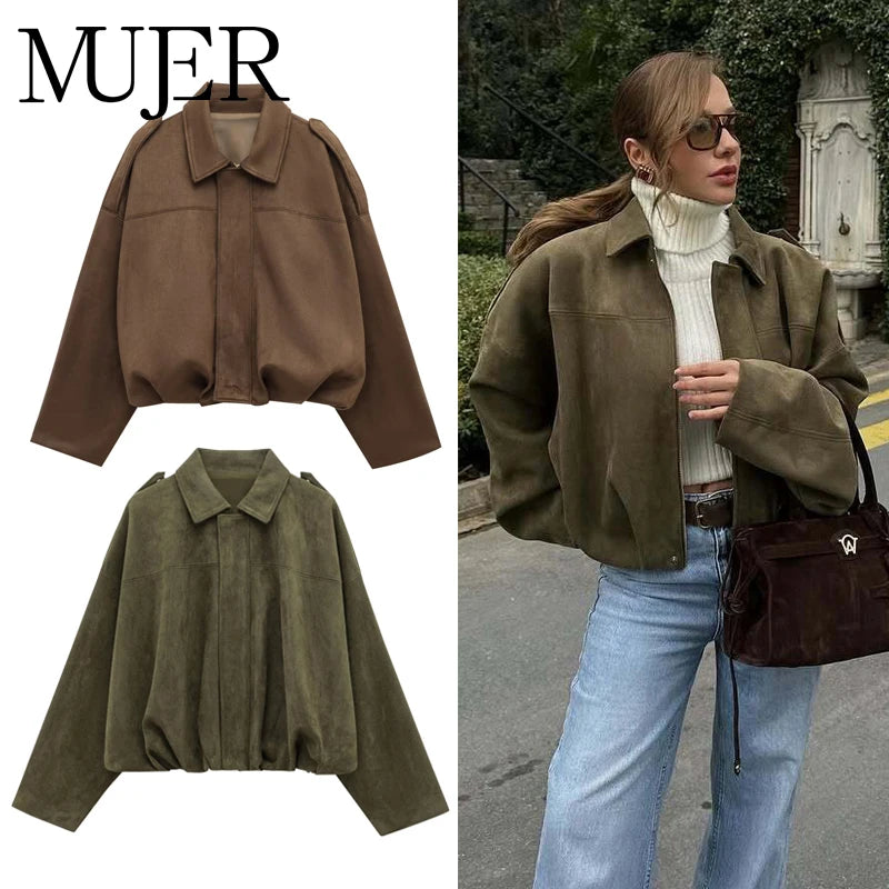2025 Suede Bomber Jackets for Women Outerwears Oversized Jacket Woman Streetwear Zip Women'S Coats Padded Varsity Jackets