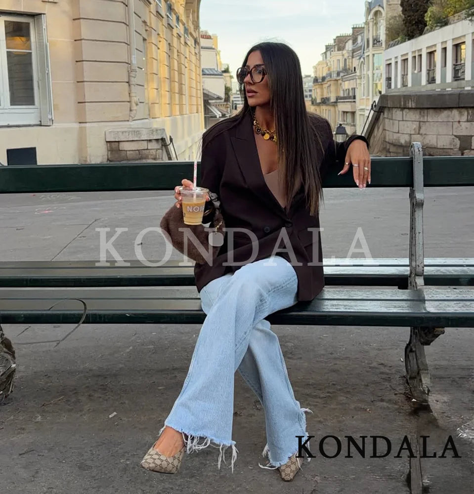 KONDALA Elegant Commute Double-Breasted Blazer Women Vintage Brown Buttons Blazer 2026 Spring Summer Trendy Office Lady Blazer