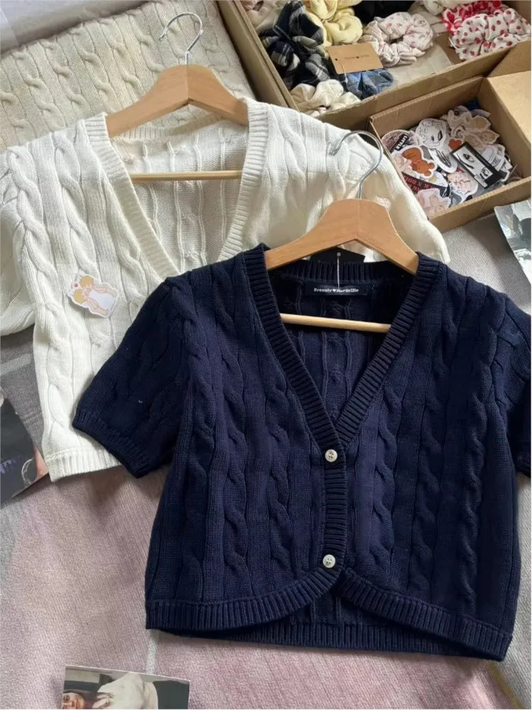Solid Twist Flower Knitted Cropped Cardigan Woman V-Neck Single Breasted Short Sleeve Crop Tops Autumn Sweet Cotton Knitwear New