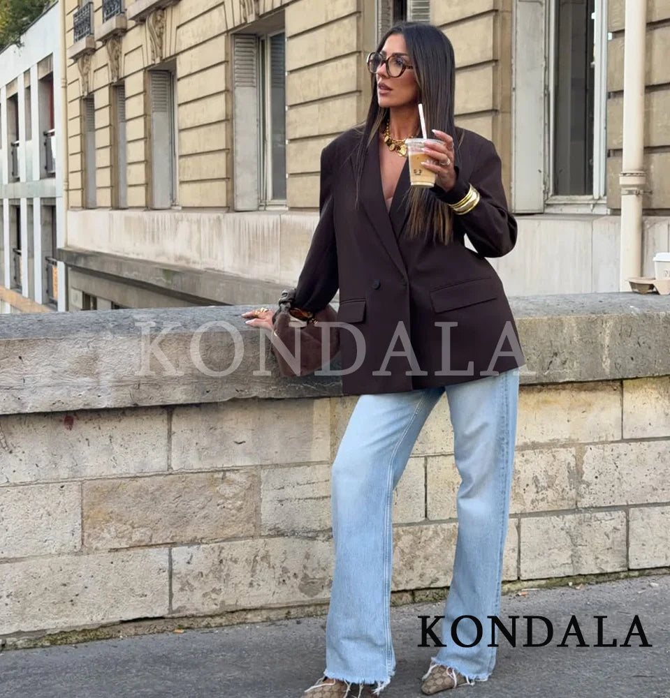 KONDALA Elegant Commute Double-Breasted Blazer Women Vintage Brown Buttons Blazer 2026 Spring Summer Trendy Office Lady Blazer