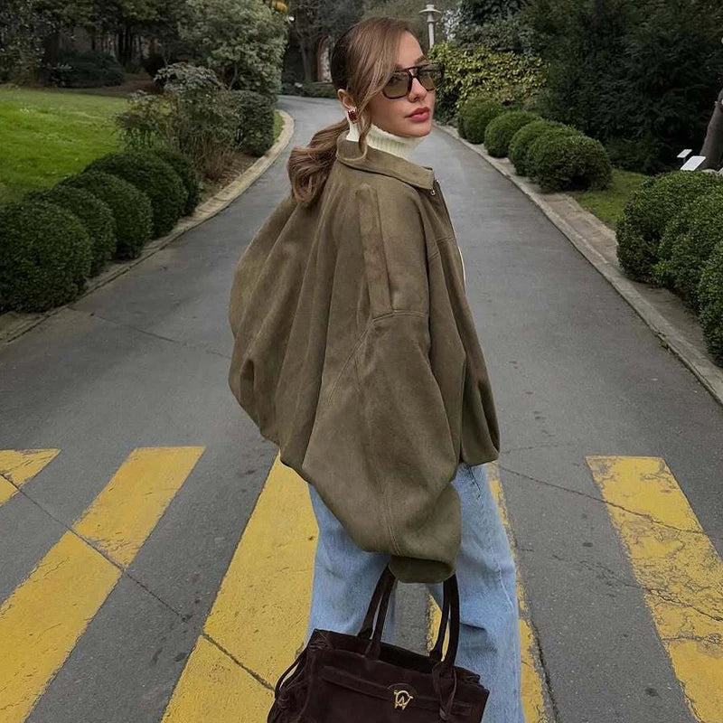 2025 Suede Bomber Jackets for Women Outerwears Oversized Jacket Woman Streetwear Zip Women'S Coats Padded Varsity Jackets