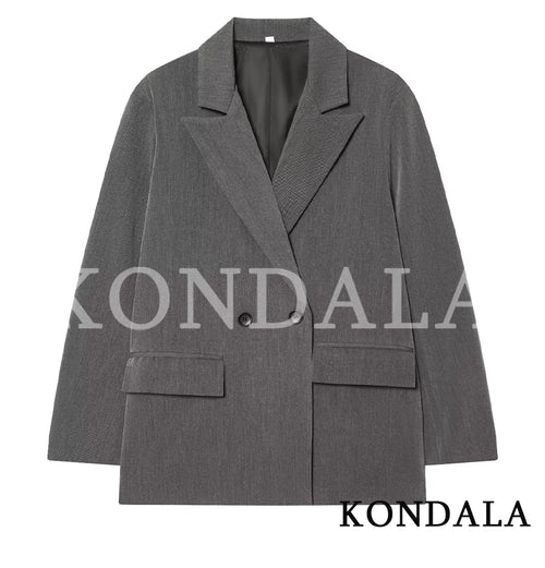 KONDALA Elegant Commute Double-Breasted Blazer Women Vintage Brown Buttons Blazer 2026 Spring Summer Trendy Office Lady Blazer