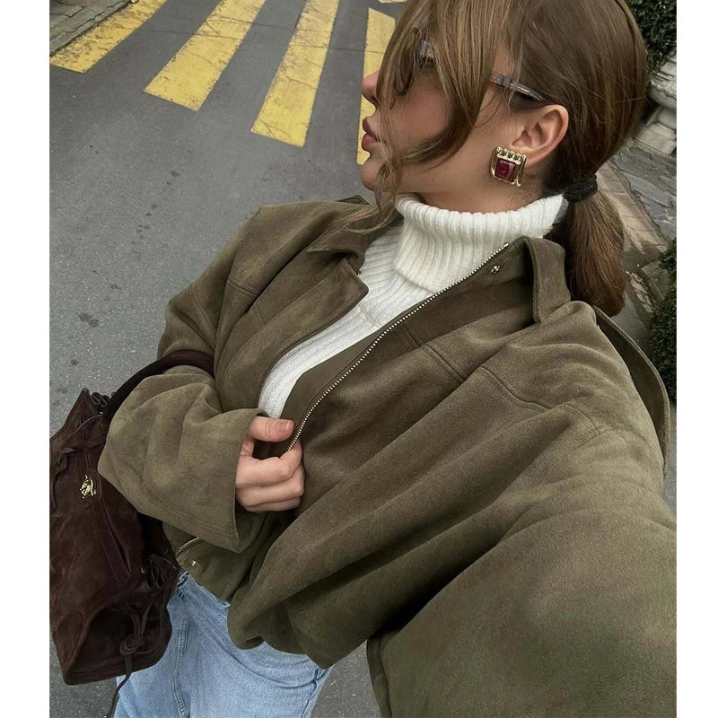 2025 Suede Bomber Jackets for Women Outerwears Oversized Jacket Woman Streetwear Zip Women'S Coats Padded Varsity Jackets